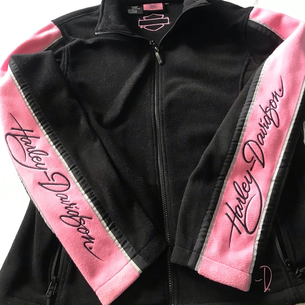 Harley-Davidson zip Black and Pink Jacket XL. Stylish with logos on sleeves.